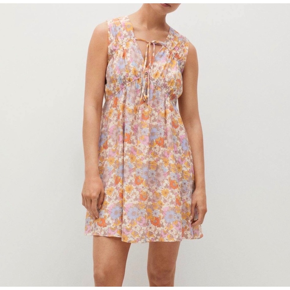 MNG Mango Floral Empire Waist Mini Dress Sleeveless V-Neck Boho Pink Orange XS 2